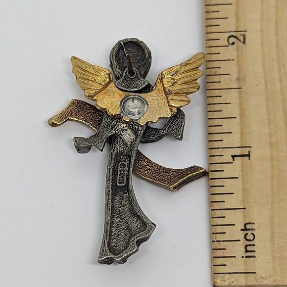 Vintage Signed Camco JOY Angel Brooch Pin Gold & Silver Tone Winged Figurine Wit - Picture 2 of 3
